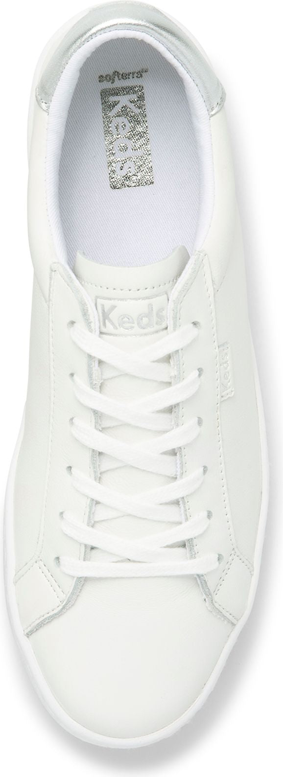 White sneaker with laces.