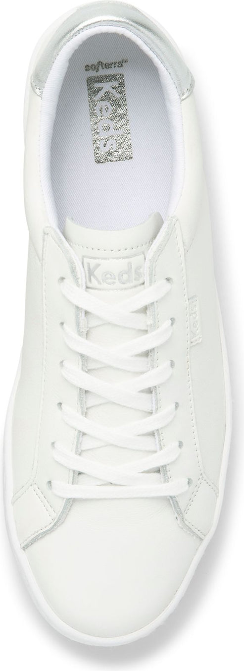 White sneaker with laces.