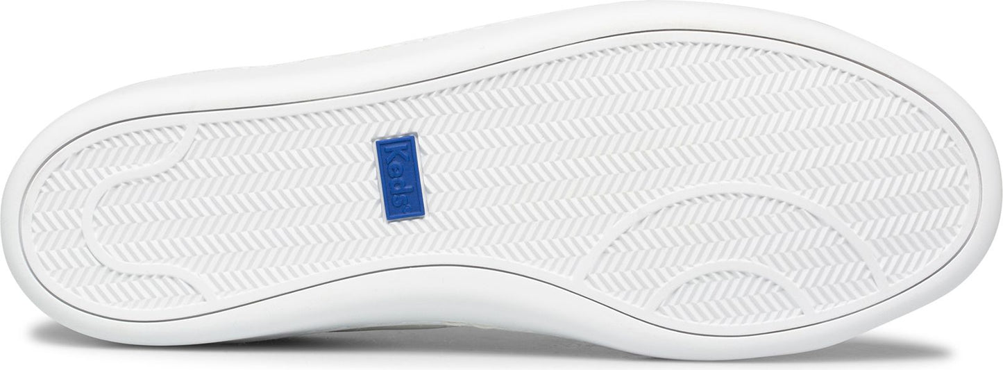 A white shoe sole with herringbone pattern and a blue logo.