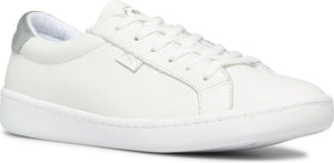 A white sneaker with white laces and a silver heel.