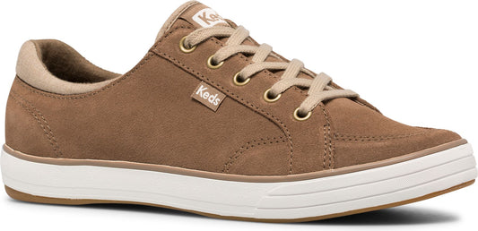 A brown low-top sneaker with beige laces and a white sole.
