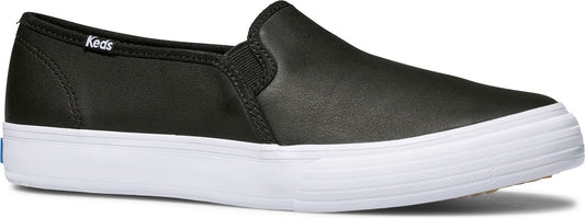Black slip-on sneaker with a white sole.