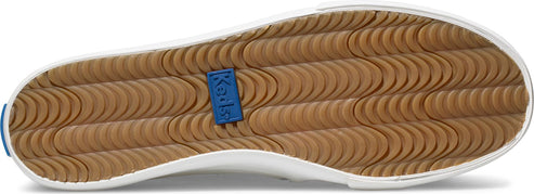 Bottom of shoe with brown textured sole and a blue Keds tag.