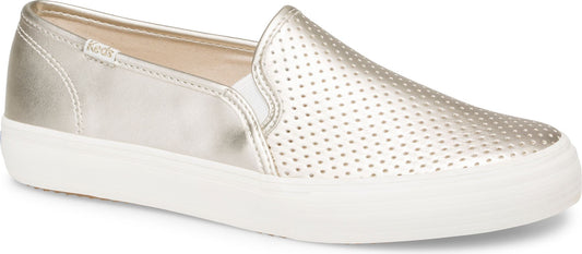 A metallic, perforated, slip-on shoe with a white sole.