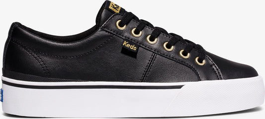A black leather sneaker with gold eyelets and a white platform sole.