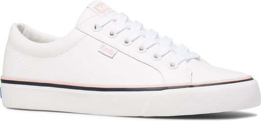 A white sneaker with white laces and a light pink accent.