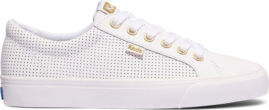 A white sneaker with perforations and gold accents.