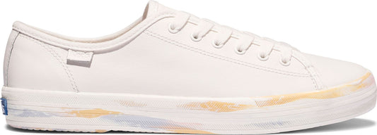 Off-white sneaker with colorful, painted design on sole.