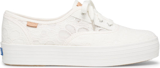 A white lace-covered sneaker with white laces and a platform sole.
