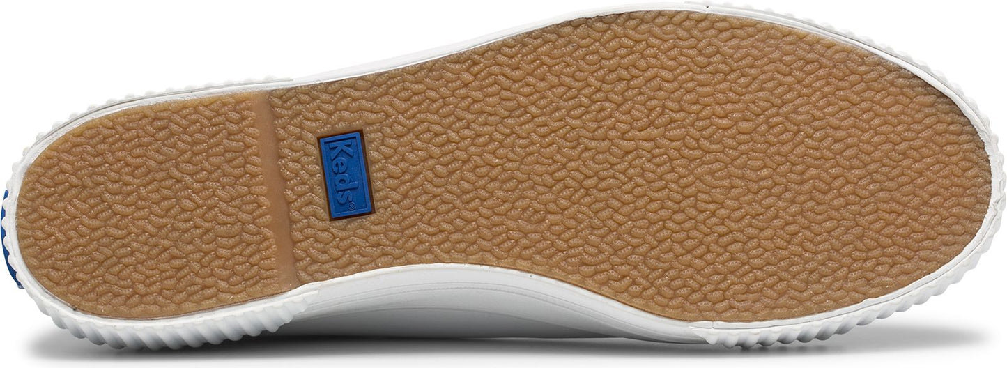 The sole of a shoe with a brown, textured surface and a blue logo.