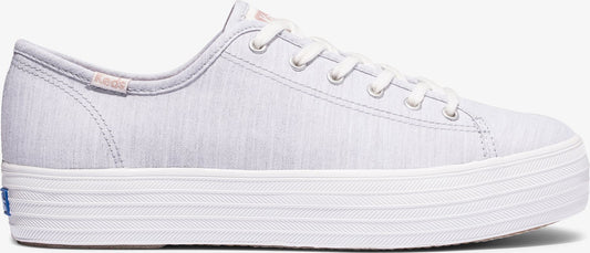A side view of a white canvas platform sneaker with white laces.