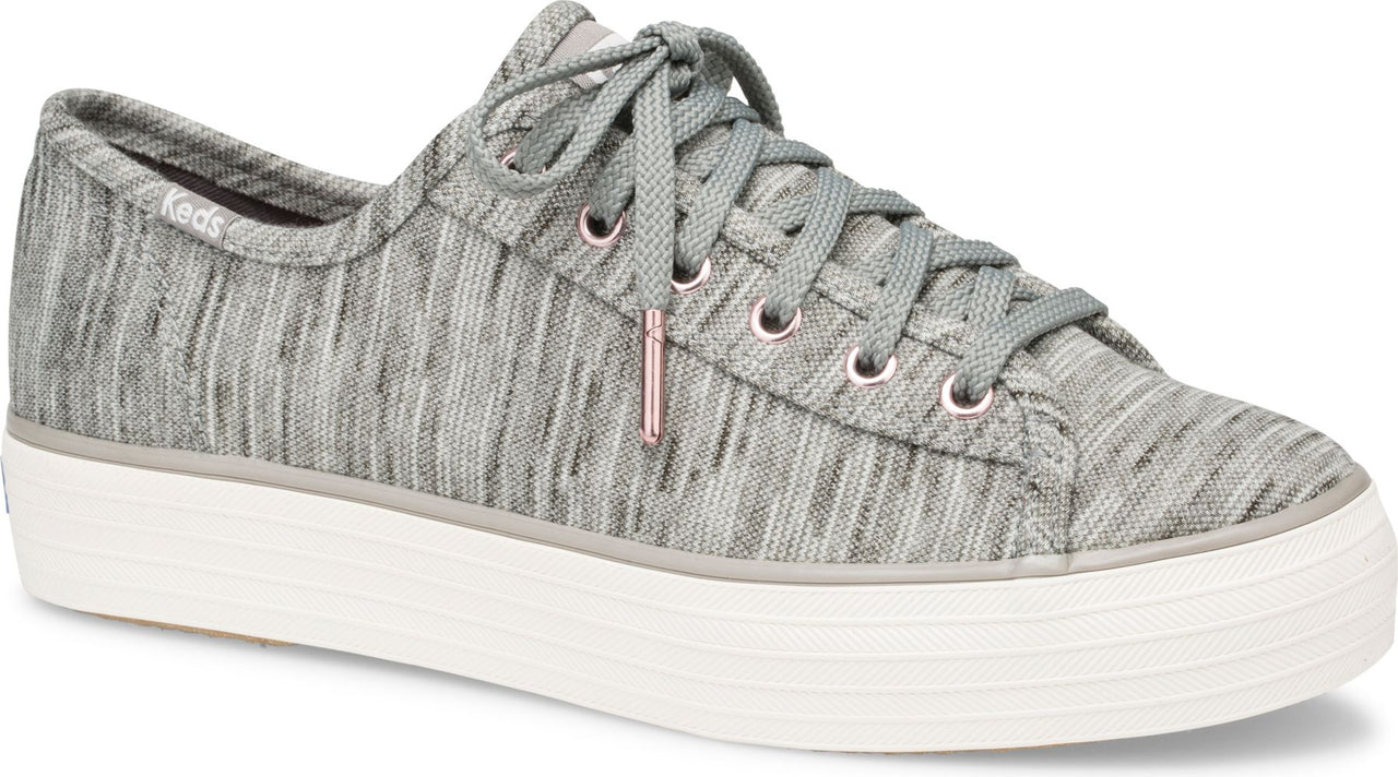 Gray striped lace-up sneaker with white sole.