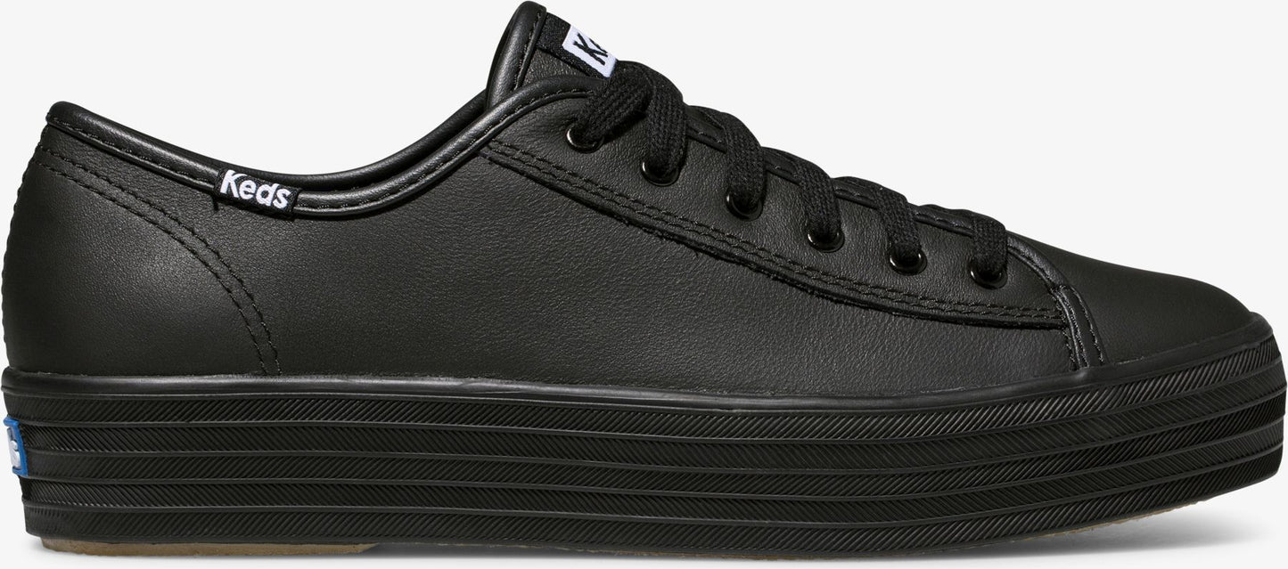 A black leather sneaker with a thick black sole and black laces.