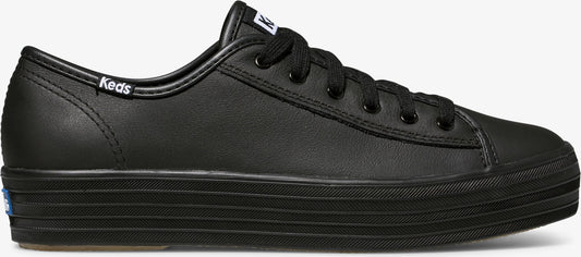 A black leather sneaker with a thick black sole and black laces.