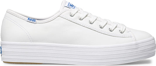 A white sneaker with white laces and a thick, striped white sole.