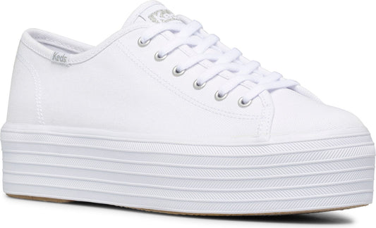 White canvas platform sneaker with metal eyelets and white laces.