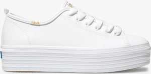 A white platform sneaker with white laces.