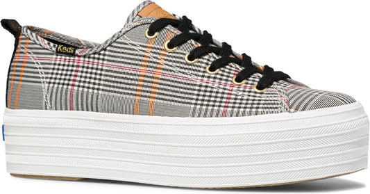 Platform tennis shoe with white ridged sole, plaid fabric, and black laces.