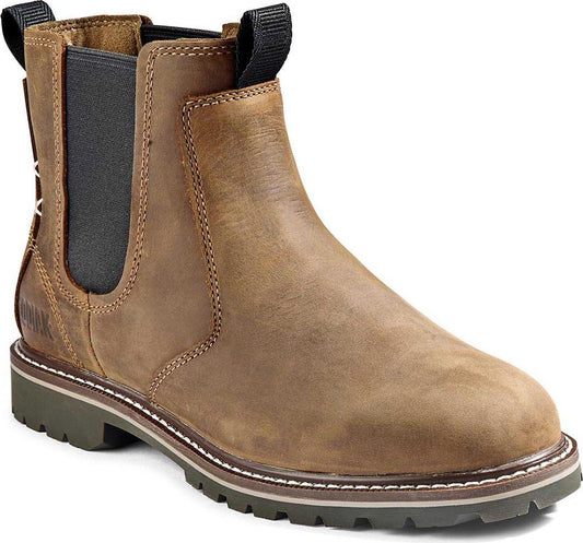 Brown leather Chelsea boot with elastic side panels and pull tab.