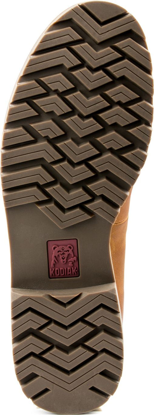 Close-up of a boot's brown sole with tread featuring angled, geometric patterns and a Kodiak logo.