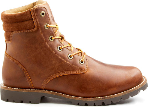 Brown leather lace-up work boot with a padded collar.