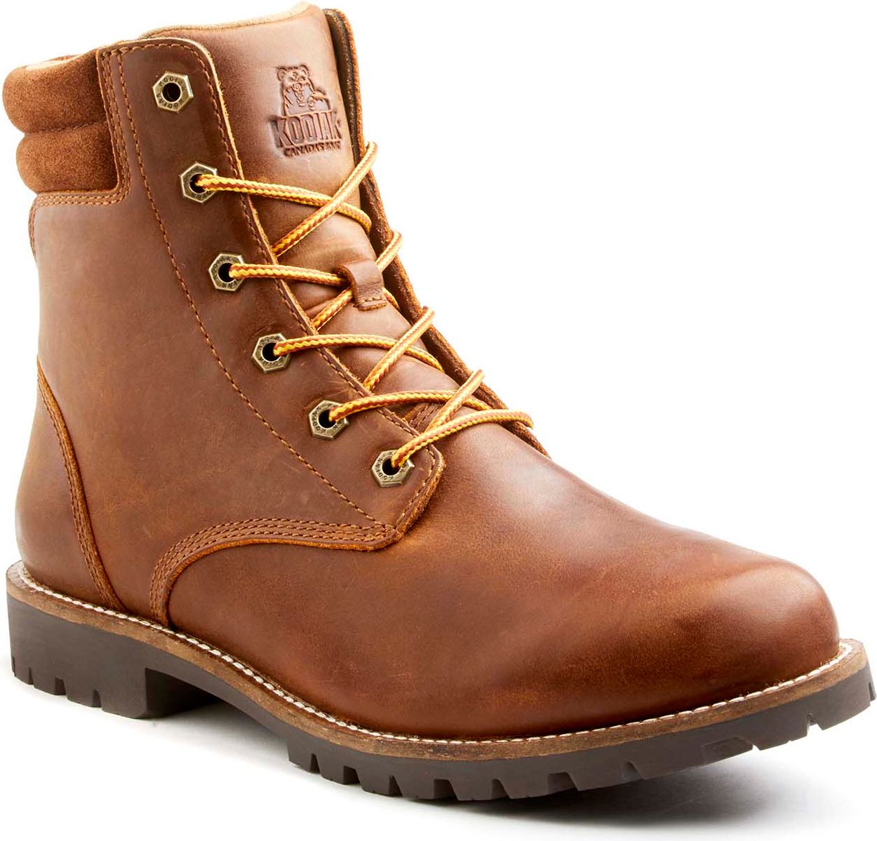 A brown leather work boot with yellow laces and a padded ankle.