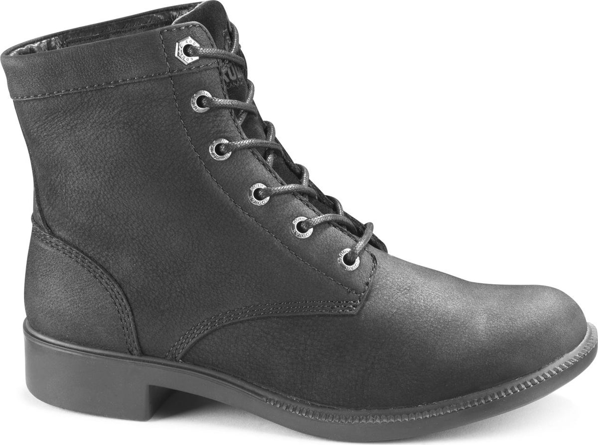 Black ankle-high combat boot with eyelets and laces.