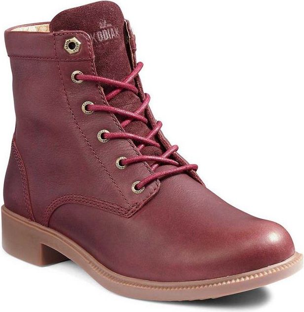 Reddish-brown leather ankle boot with matching laces and a low heel.