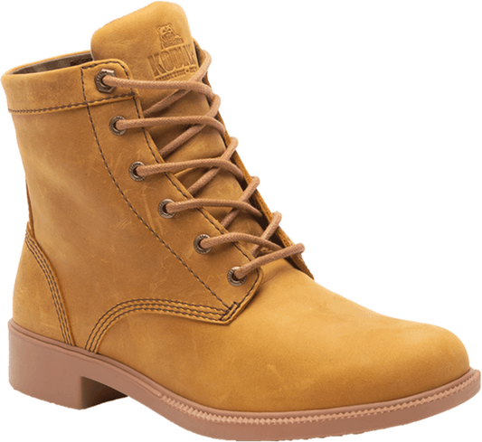 Tan lace up boot with visible stitching