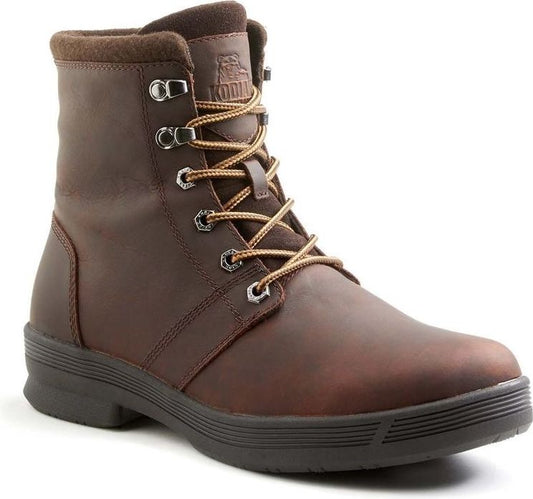 Ankle-high, dark brown leather boot with brown laces and a dark sole.