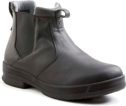 Black leather Chelsea boot with elastic side panels and loop pulls at the back and front.