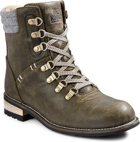 Olive green ankle boot with light gray laces and gray wool-like cuff.