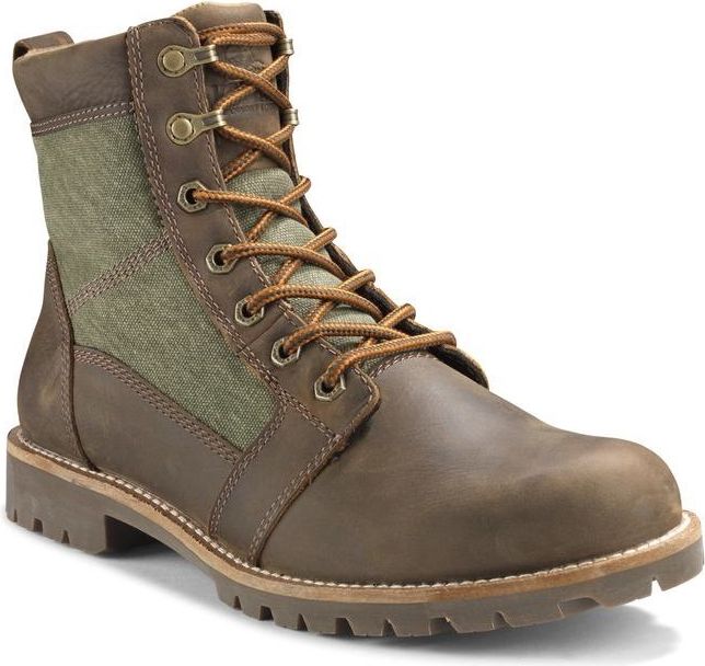 Brown leather work boot with green canvas side panel and brown laces.