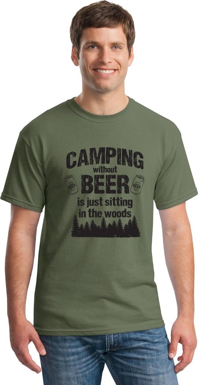Man in olive t-shirt with the text 'CAMPING without BEER is just sitting in the woods' with beer can and tree graphics.