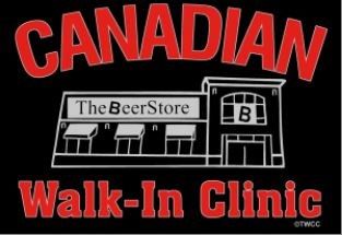 Image with the text "Canadian Walk-In Clinic" and "The Beer Store" written above a building.