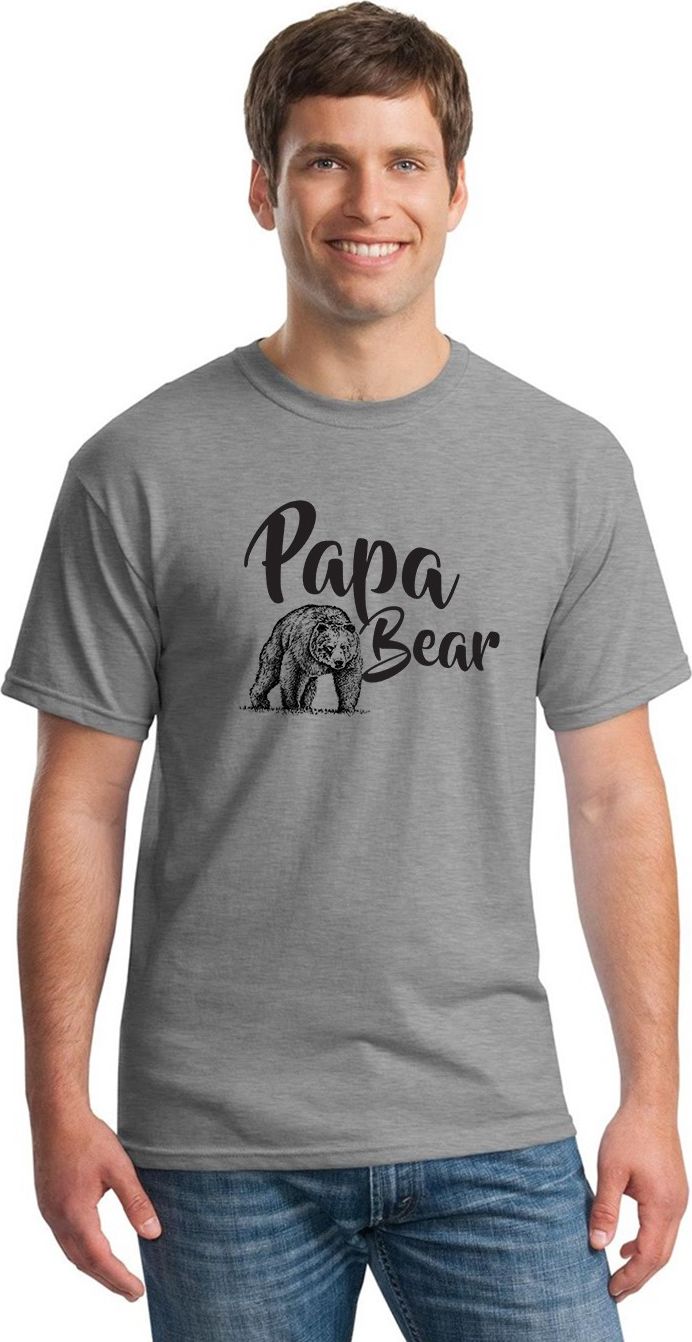 A man wearing a gray T-shirt with the text "Papa Bear" and a bear image on the chest.