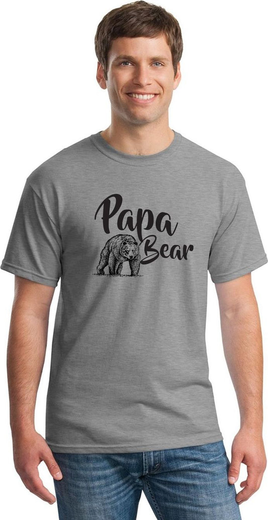 A man wearing a gray T-shirt with the text "Papa Bear" and a bear image on the chest.