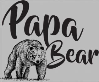 Artwork with the words "Papa Bear" in stylized script with a sketch of a bear below the words.
