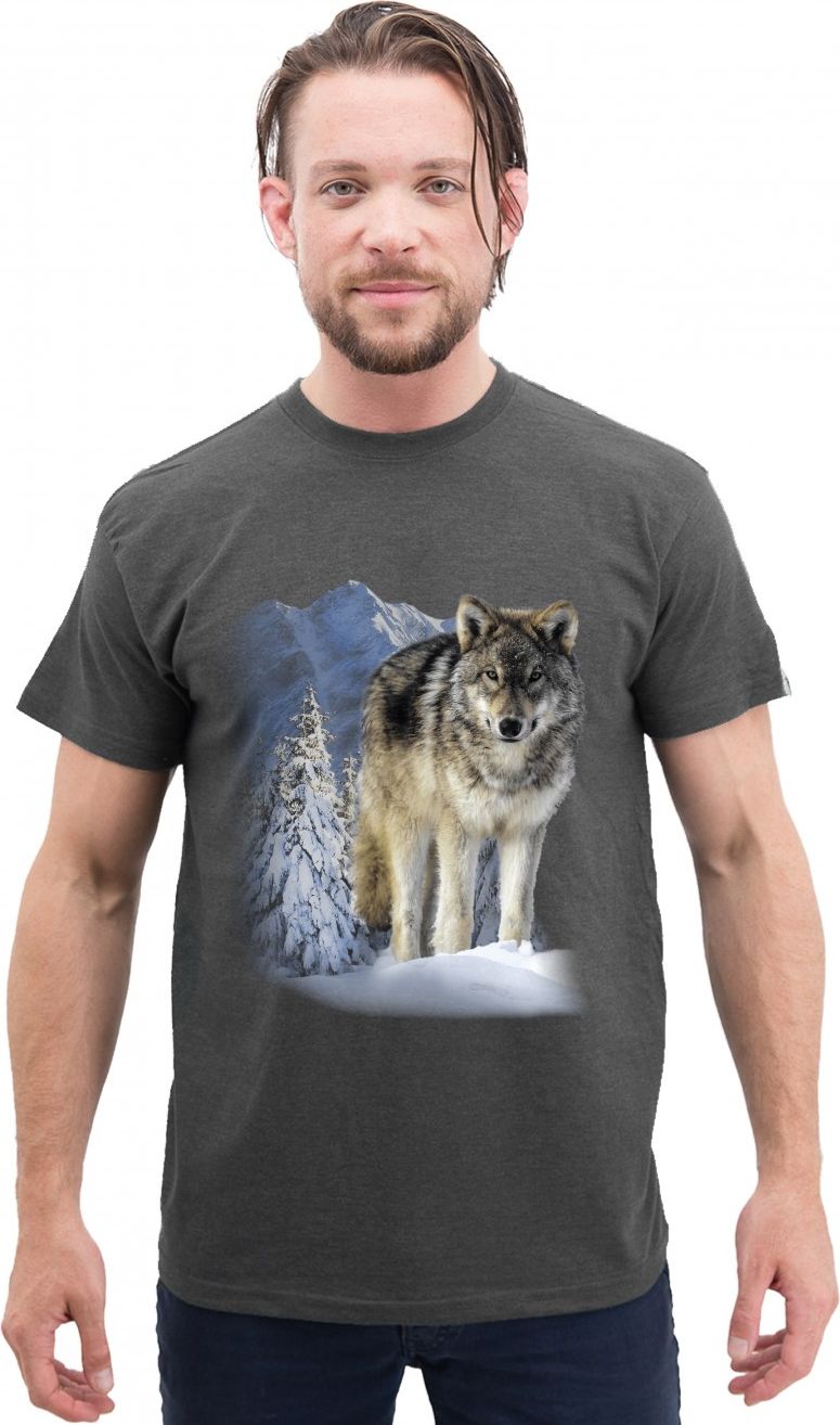 Person wearing a gray t-shirt with an image of a wolf in a snowy landscape.
