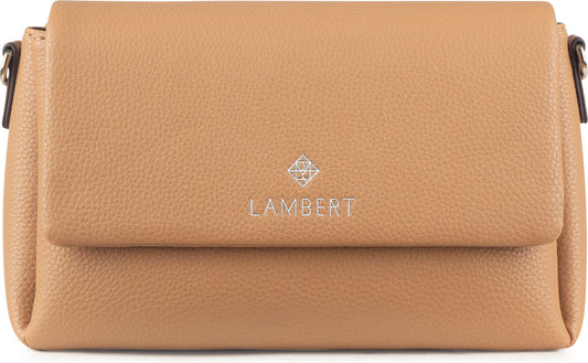 Textured, tan rectangular handbag with a flap closure, small diamond logo, and a silver inscription that reads "LAMBERT".