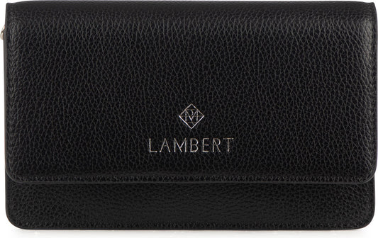 Black wallet with embossed logo.
