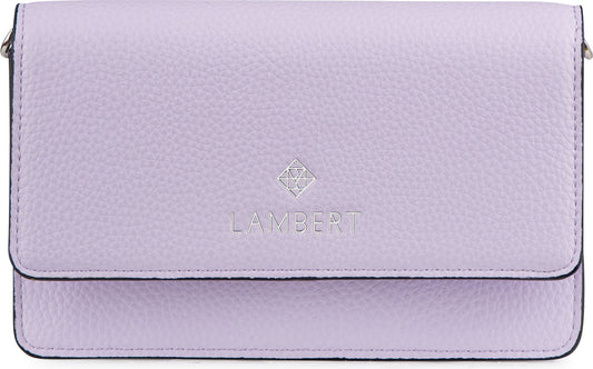 A light-purple rectangular wallet with silver-tone hardware and a diamond-shaped logo above the word "LAMBERT".