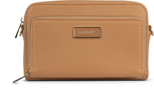 Tan rectangular crossbody bag with a front pocket bearing a silver LAMBERT logo.