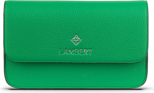 Green textured wallet with fold-over flap and silver LAMBERT logo.