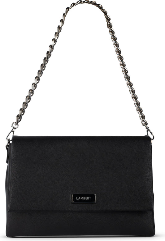 Black bag with chain strap and logo.