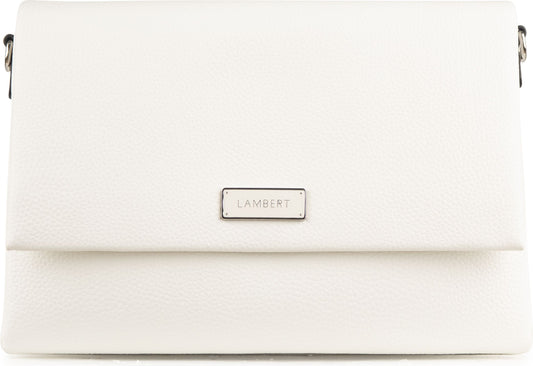 White rectangular purse with front flap, closes with a silver metal plate, and black straps at the top.