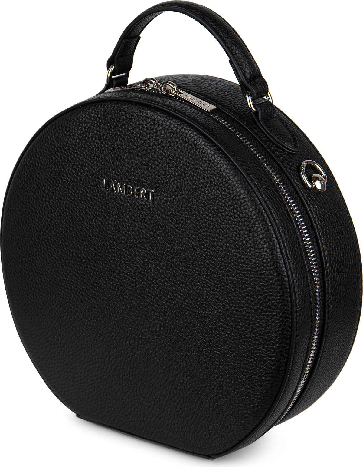 Round black purse with top handle and zipper.