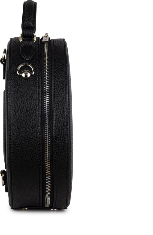 A black, cylindrical, leather crossbody bag with a zipper closure and top handle.