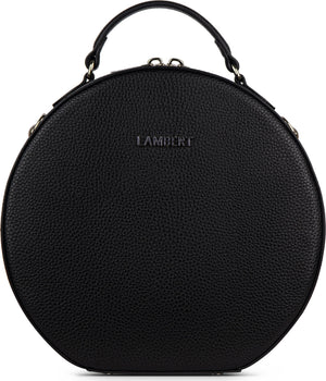 Round black handbag with top handle, with "LAMBERT" embossed in small block letters in the center.