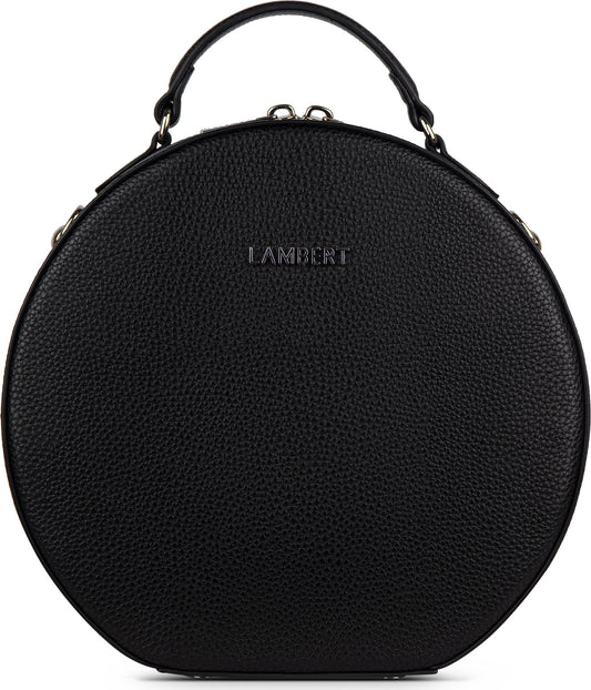 Round black handbag with top handle, with "LAMBERT" embossed in small block letters in the center.
